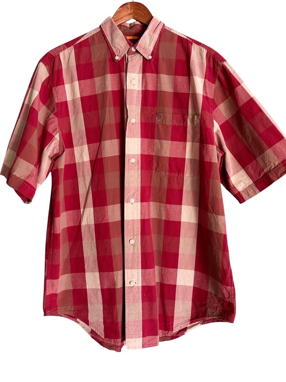 VTG 90s Timberland Button Down Plaid Short Sleeve Shirt Size Medium